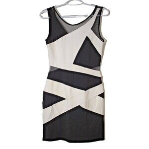 Bebe Black White Geometric Bandage Bodycon Dress with Mesh Size S Y2K